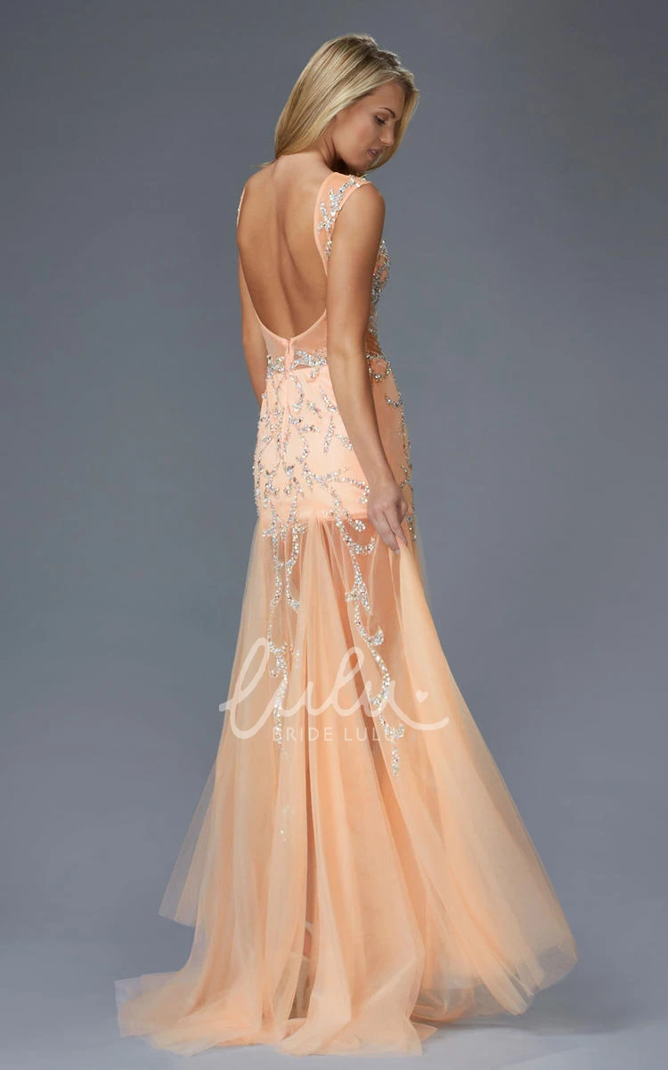 Maxi Tulle Low-V Back A-Line Formal Dress with Scoop-Neck and Sleeveless