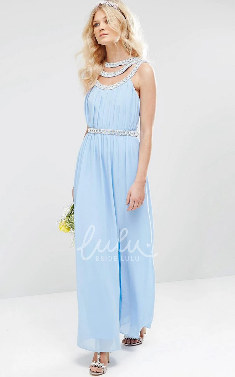 Ruched Chiffon Bridesmaid Dress Scoop-Neck Sleeveless Ankle-Length with Beading and Split Front