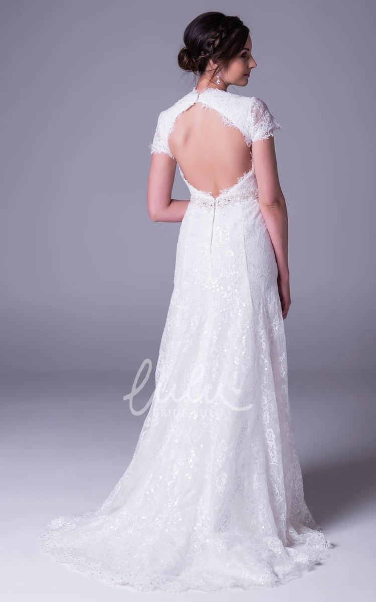 Short-Sleeve Lace Sheath Wedding Dress with Waist Jewelry and Keyhole