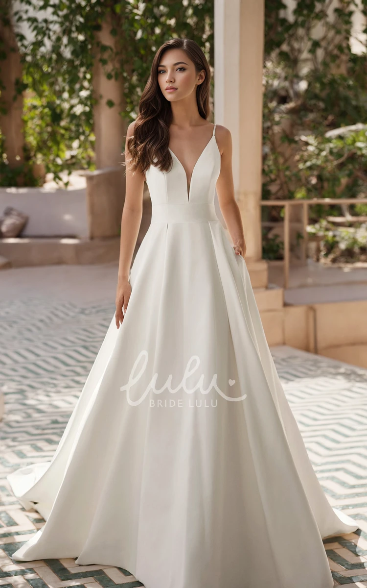 Solid Sexy A-Line Floor-length Spaghetti Satin Wedding Dress Simple Elegant Sleeveless Plunging Neckline Draping Court Bridal Gown with Pockets Button Back