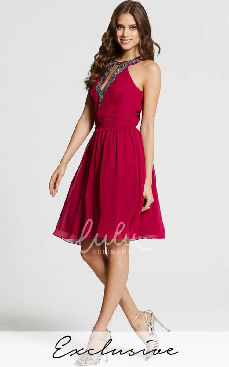 Beaded Chiffon Bridesmaid Dress A-Line Mini Dress with Sleeveless Scoop Neck