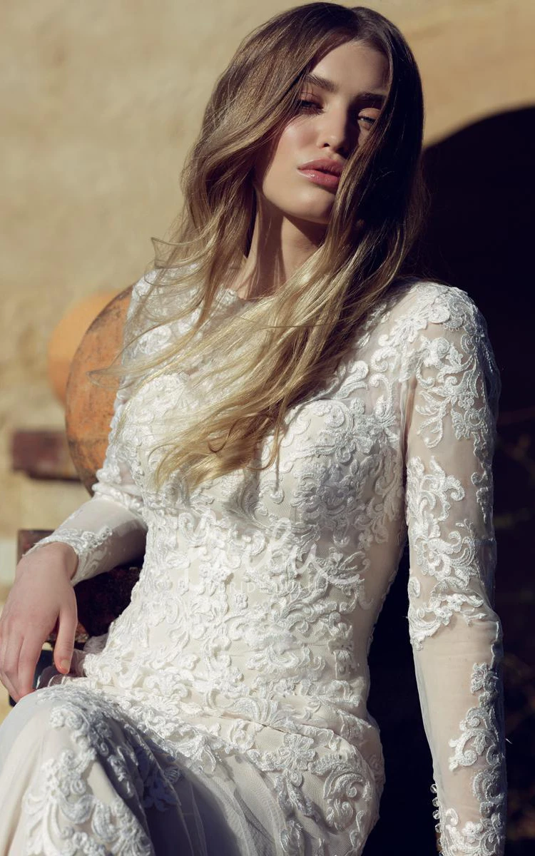 High Neck Sheath Wedding Dress with Tulle and Lace Long-Sleeved Bridal Gown