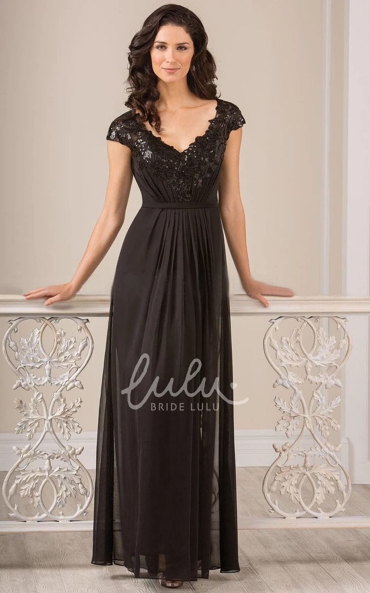 Sequined A-Line Long Dress with Cap-Sleeves and Keyhole Back