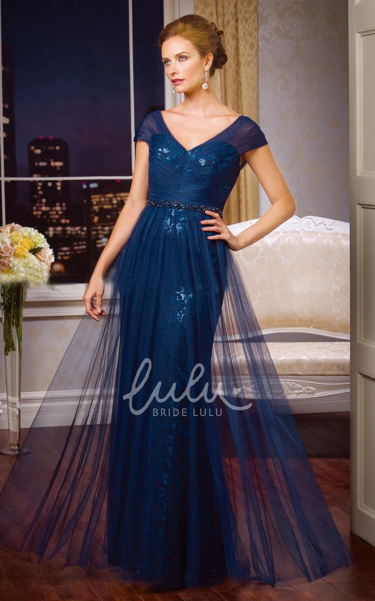 V-Neck Sequin and Tulle Overlay MOB Dress with Cap Sleeves Glamorous Mother of the Bride Dress