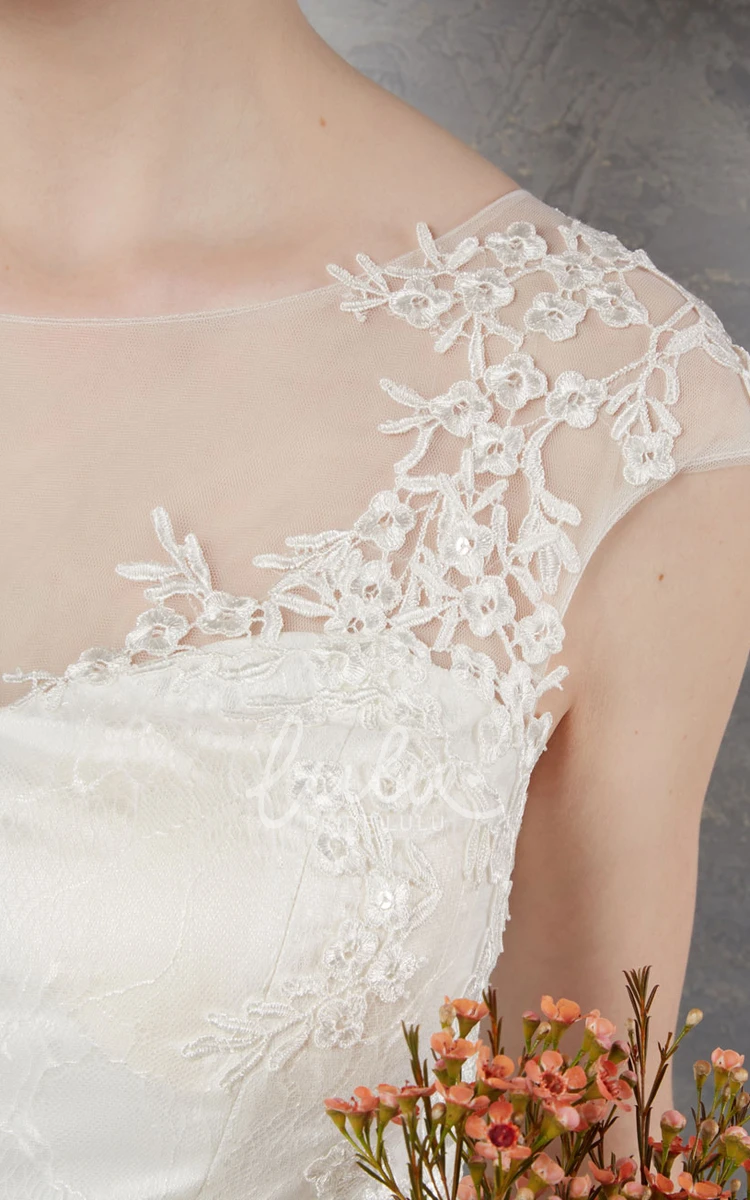 Scoop-Neck Lace Cap-Sleeve Wedding Dress with Illusion Romantic Bridal Gown