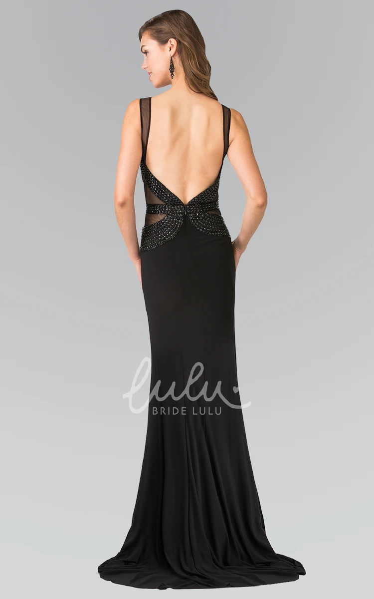 Bateau Sleeveless Chiffon Formal Dress With Beading Long Sheath Style with Deep-V Back