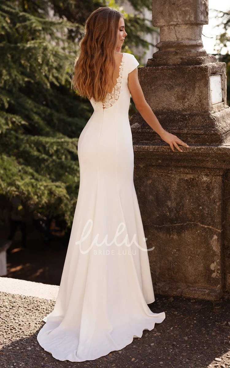 Casual Mermaid Elegant V-neck Wedding Dress with Short Sleeve Open Back and Appliques