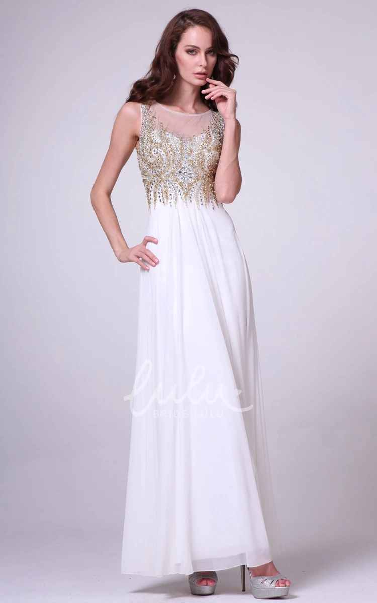 Empire Chiffon Sheath Dress with Beading Scoop Neckline and Ankle-Length Silhouette