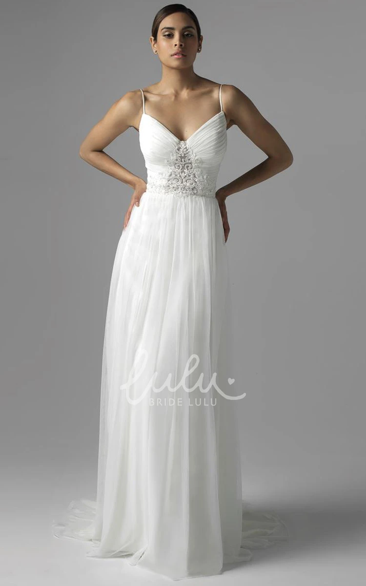 Beaded Chiffon Spaghetti Wedding Dress with Brush Train Flowy Bridal Gown