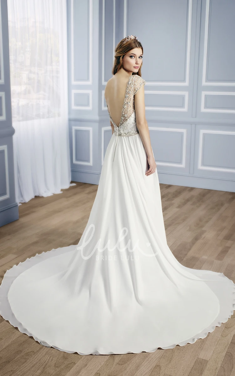 Beaded Chiffon V-Neck Ball-Gown Wedding Dress Cap-Sleeve