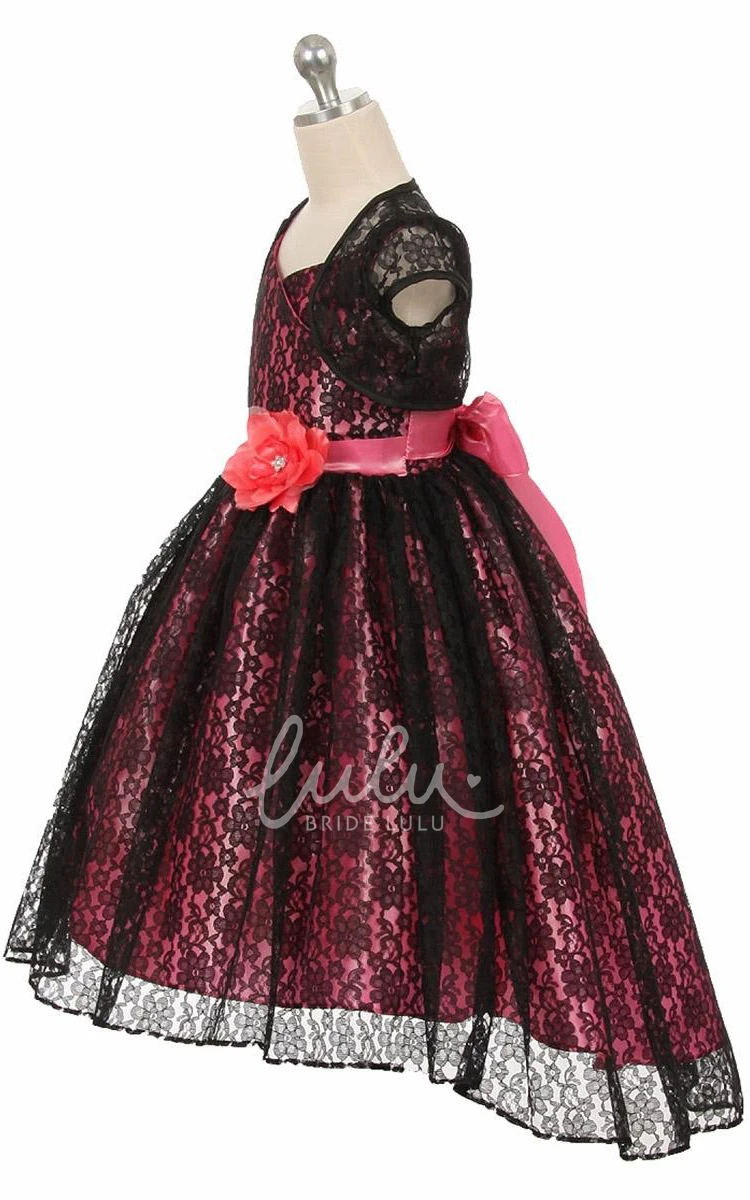 High-Low Criss-Cross Floral Lace Flower Girl Dress with Ribbon Unique Prom Dress