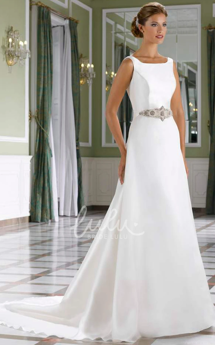 Long Sleeveless Satin A-Line Wedding Dress with Jeweled Bateau Neckline and Court Train Classic Wedding Dress Women