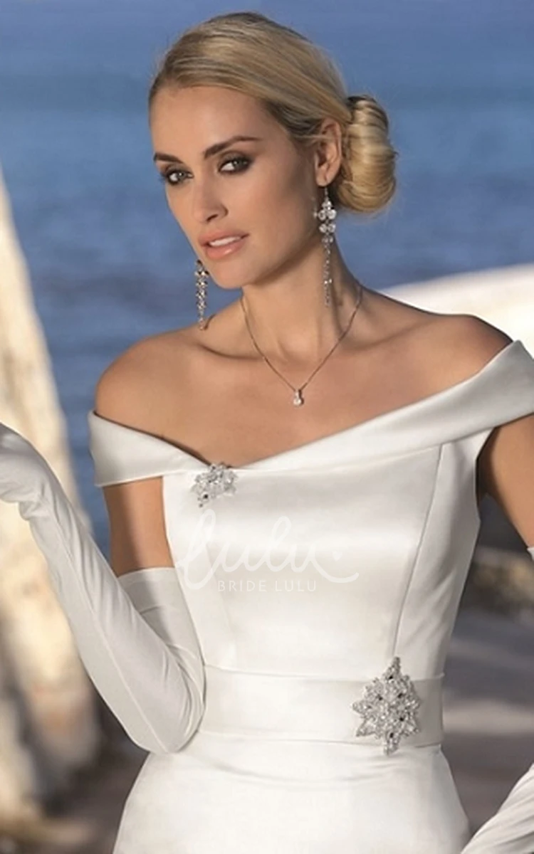 Satin A-Line Off-The-Shoulder Wedding Dress with Brooch