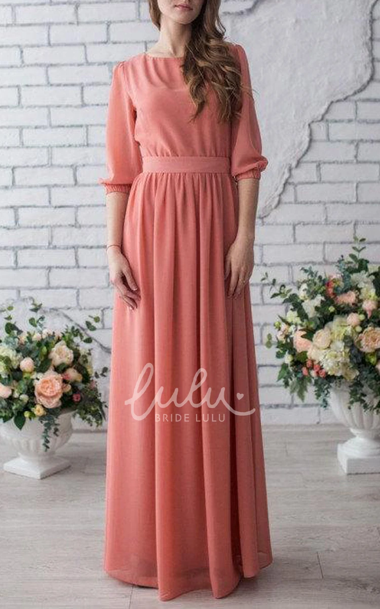 Peach Chiffon Formal Dress with Sleeves Long Mother of the Bride Gown