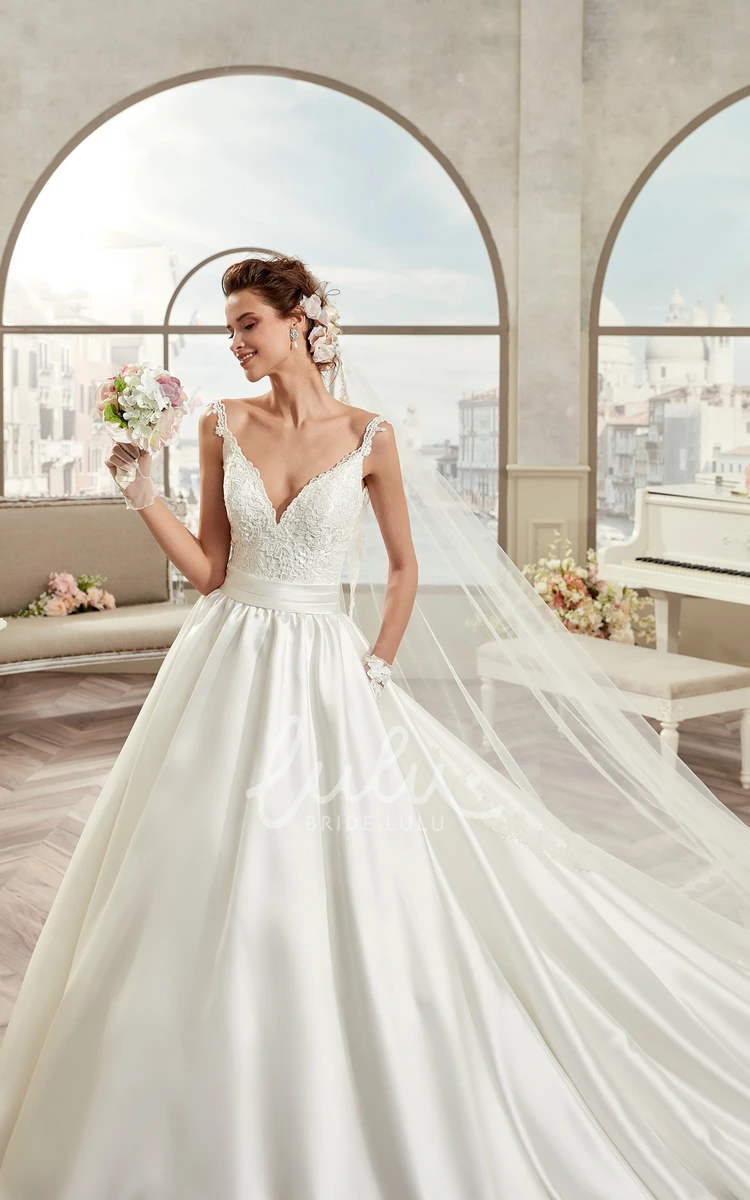 V-Neck A-Line Bridal Gown with Applique Straps and Cinched Waistband Open-Back