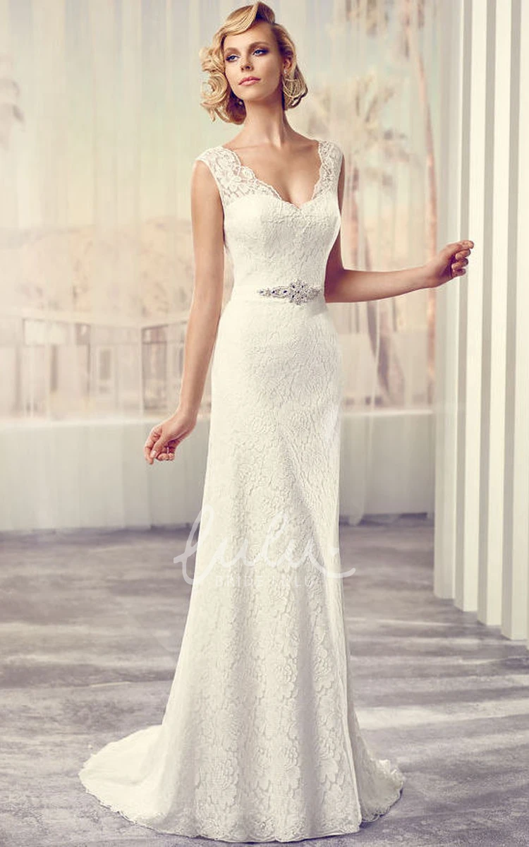 V-Neck Jeweled Lace Wedding Dress with Illusion and Sweep Train Long Style