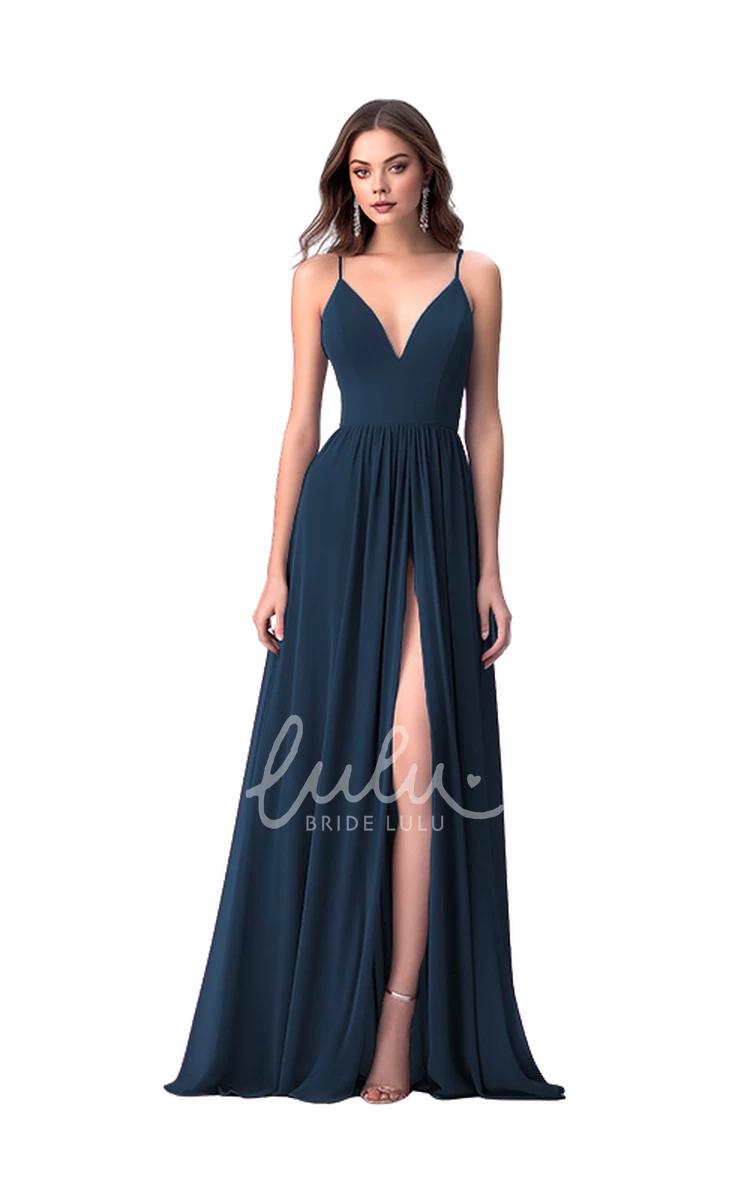 A-Line Chiffon Romantic V-neck Bridesmaid Dress with Split Front Modern Wedding Dress