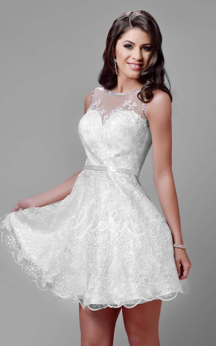 Shining Trim Mini Lace Wedding Dress A-Line Bridal Gown