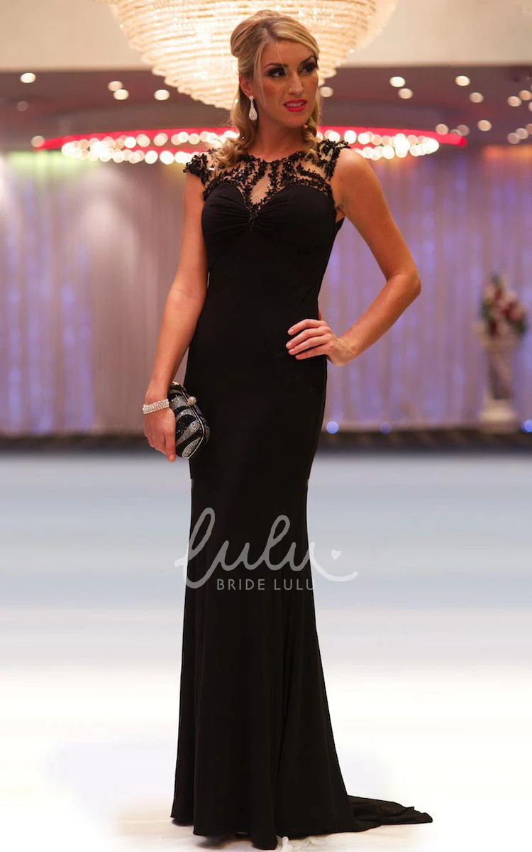 Sheath Chiffon Prom Dress with Beaded Cap-Sleeves Scoop-Neck Long Pleated