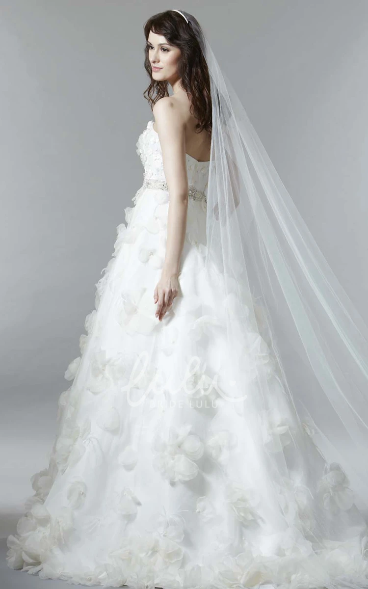 Floral Strapless Satin A-Line Wedding Dress with Low V-Back Modern Bridal Gown