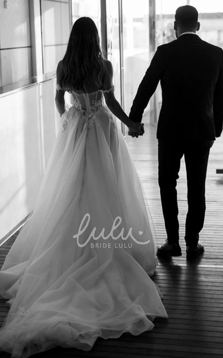 Casual A Line Tulle Wedding Dress with Chapel Train and Off-the-shoulder Neckline