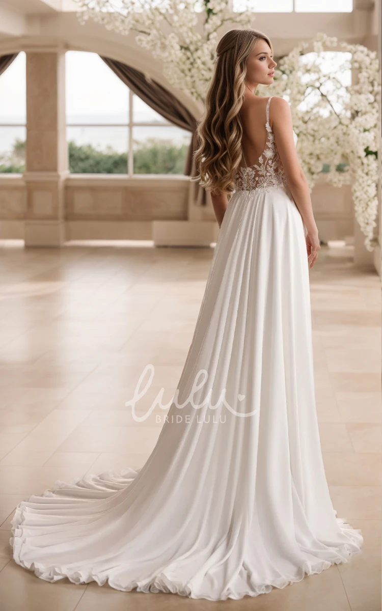 Ethereal Romantic Spaghetti A-Line V-neck Lace Appliques Chiffon Wedding Dress Sexy Elegant Beach Sleeveless Floor-length with Train Backless Zipper Bridal Gown