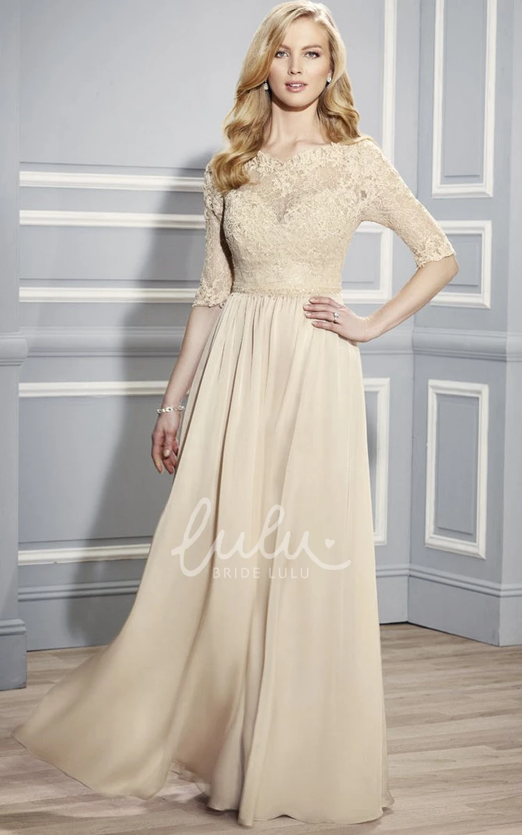 Illusion Back Bateau Neck Formal Dress with Half Sleeves and Appliques