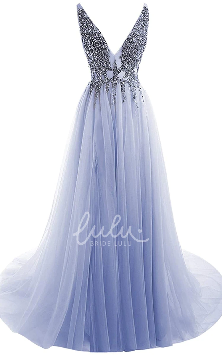 Sleeveless V-neck Tulle A-line Prom Dress with Beading Glamorous