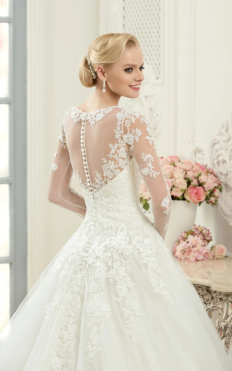 Long-Sleeve Lace Ball Gown Wedding Dress with Illusion Tulle