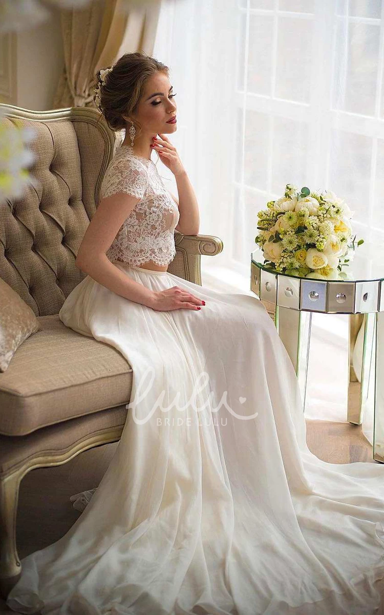 Lace Top Two-Piece Chiffon Wedding Dress with Short Sleeves