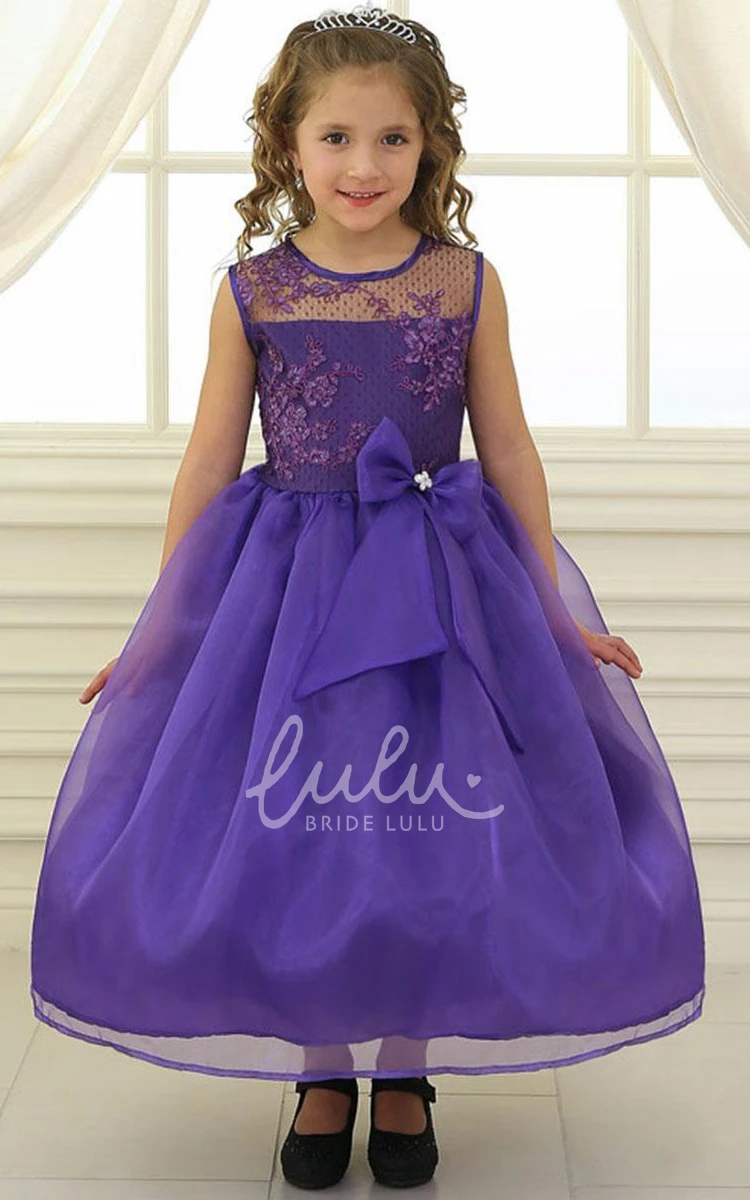 Illusion Flower Girl Dress with Bowed Floral Lace and Organza Tea-Length