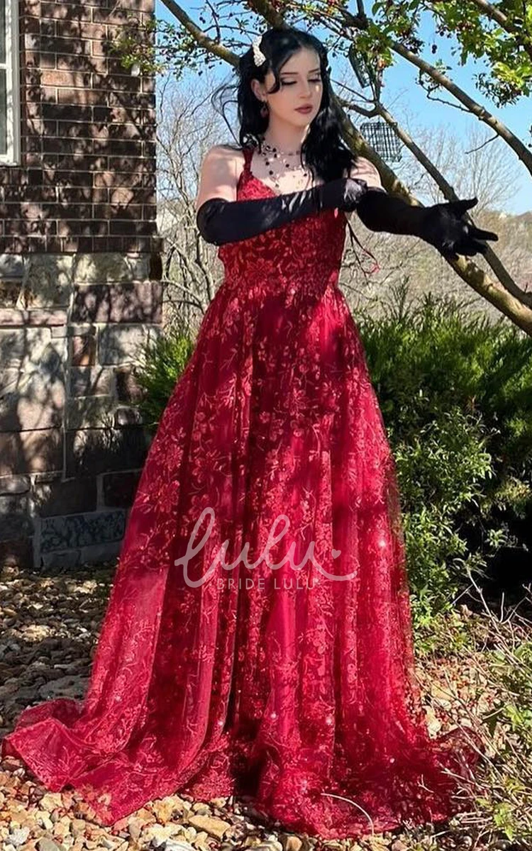 Boho Lace A-Line Prom Dress with Appliques and Spaghetti Straps