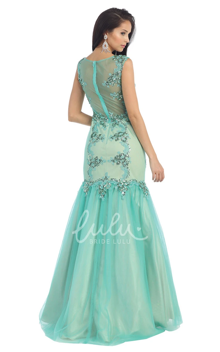 Applique Sequin Mermaid Formal Dress with Bateau Illusion Neckline