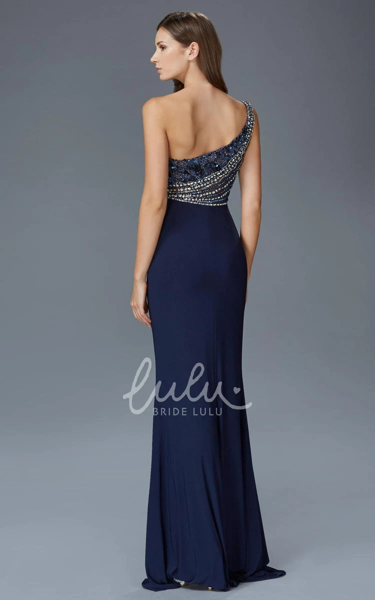 One-Shoulder Sleeveless Jersey Formal Dress with Sequins and Beading