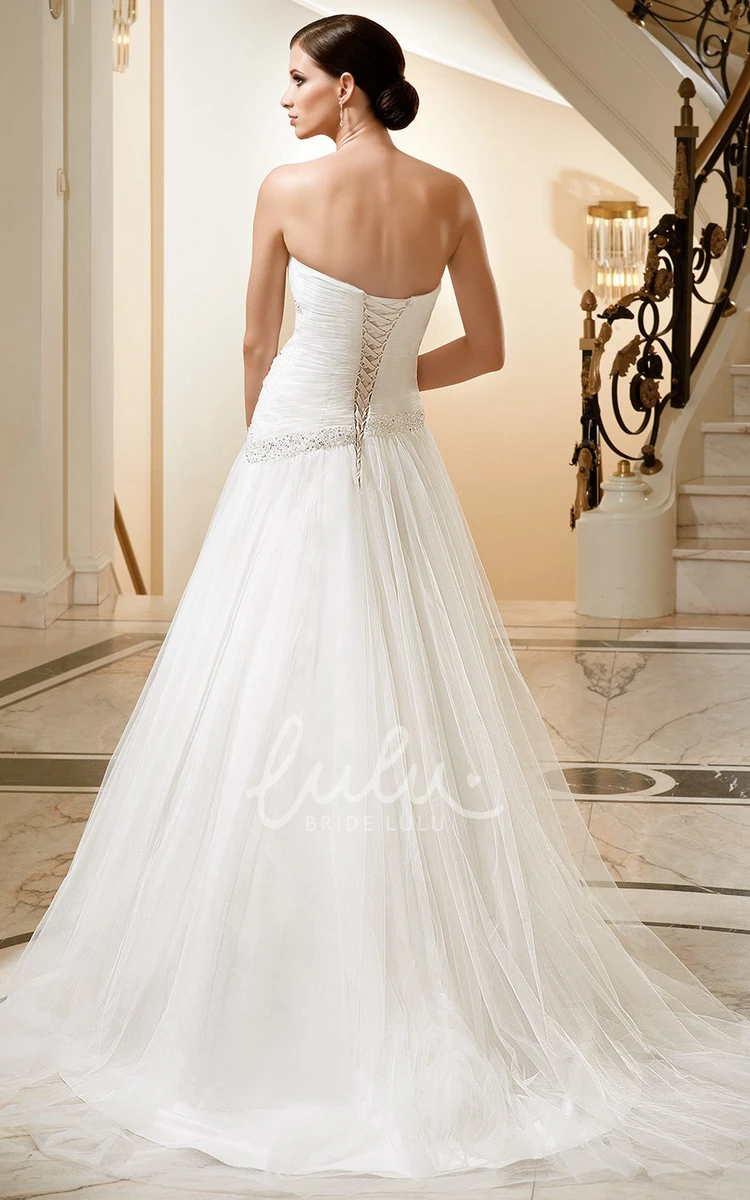 Tulle A-Line Sweetheart Wedding Dress with Ruched Sleeves and Beading