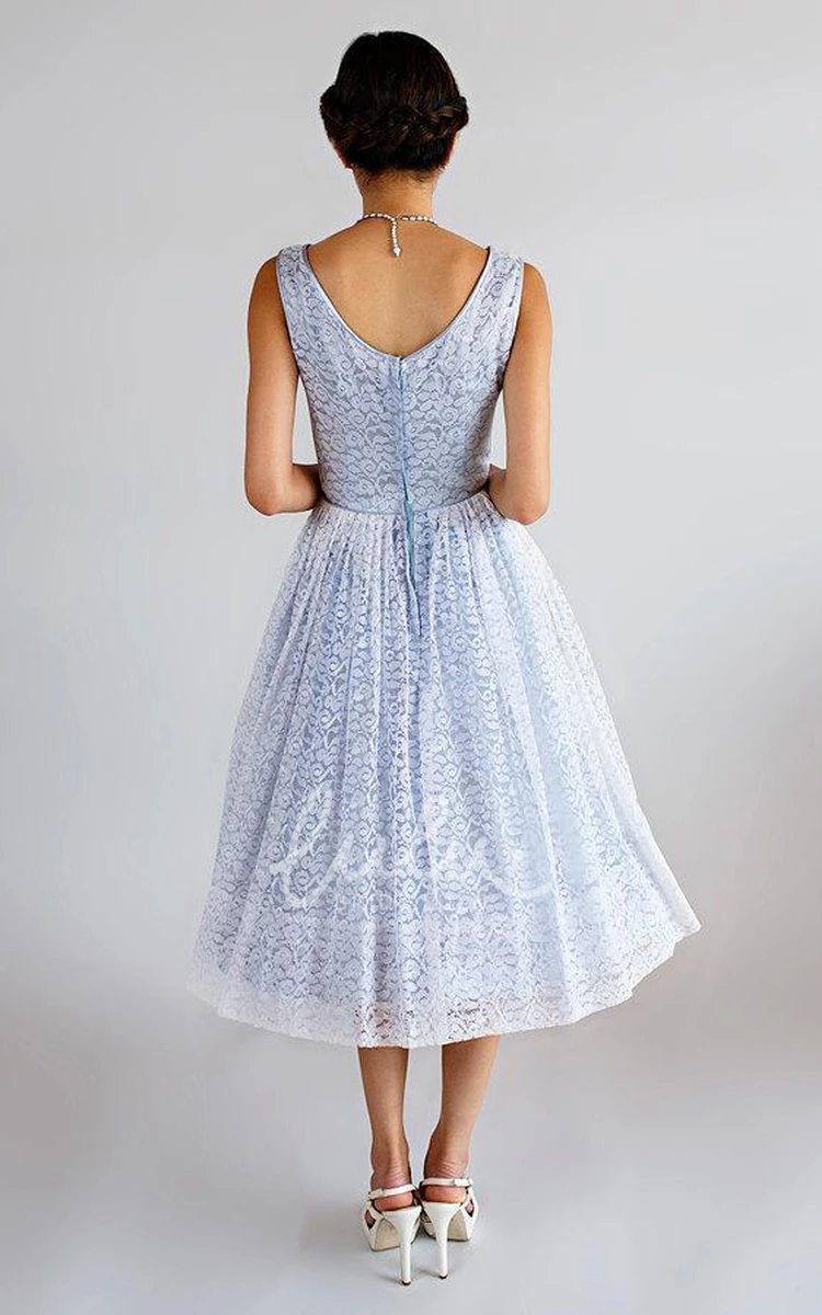 Vintage Floral Boho Lace A-Line Tea-Length Scoop Dress With Low-V Back