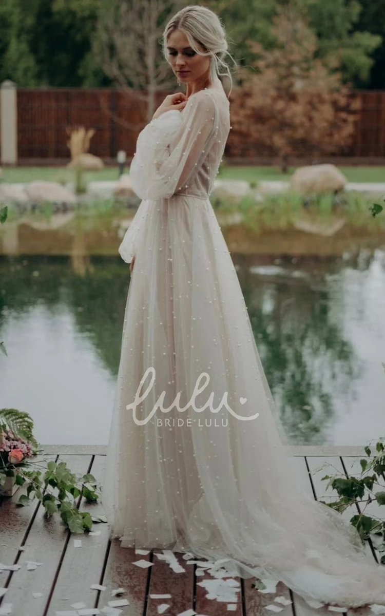 Modest Elegant A-Line Long Sleeve Wedding dress Ethereal Illusion Tulle Floor-Length Bridal Gown with Pearl