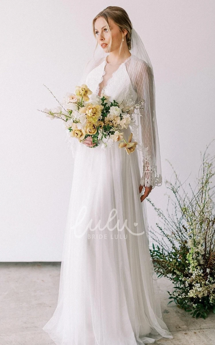 Bohemian Illusion Sleeve A-Line Wedding Dress with V-Neck Boho