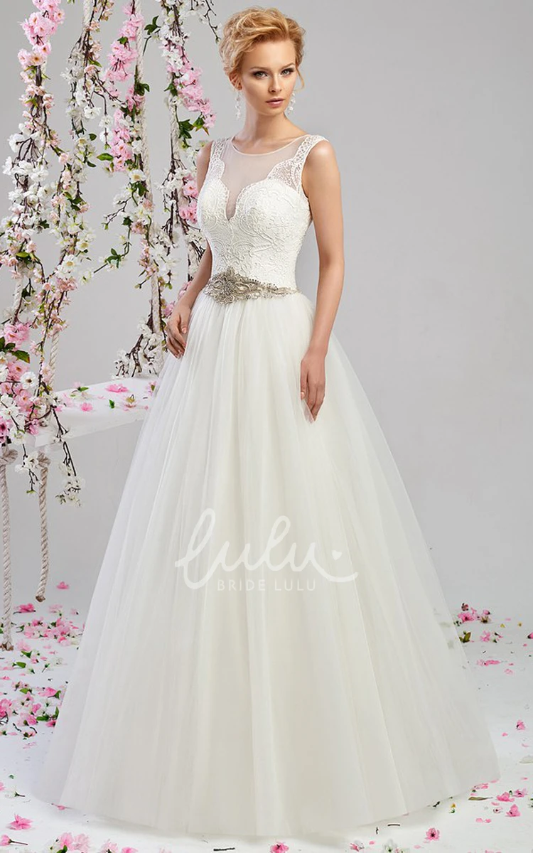 Appliqued Tulle&Satin Wedding Dress with Waist Jewellery A-Line Floor-Length Scoop-Neck Sleeveless