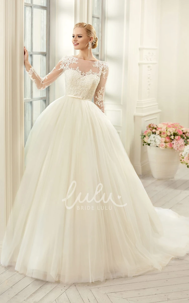 Ball Gown Tulle Lace Dress with Appliques Wedding Dress Jewel Long-Sleeve