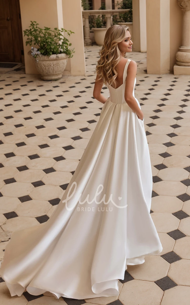 Sexy Modern A-Line Wide Strap Square Neckline Wedding Dress with Pocket Minimalist Elegant Split Front Low Back Pocketed Bridal Gown