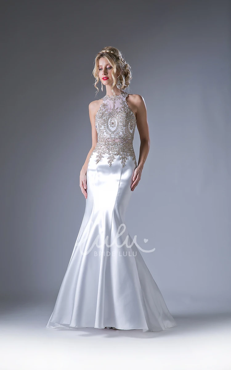 Long Sleeveless Backless Formal Dress with Appliques and Beading