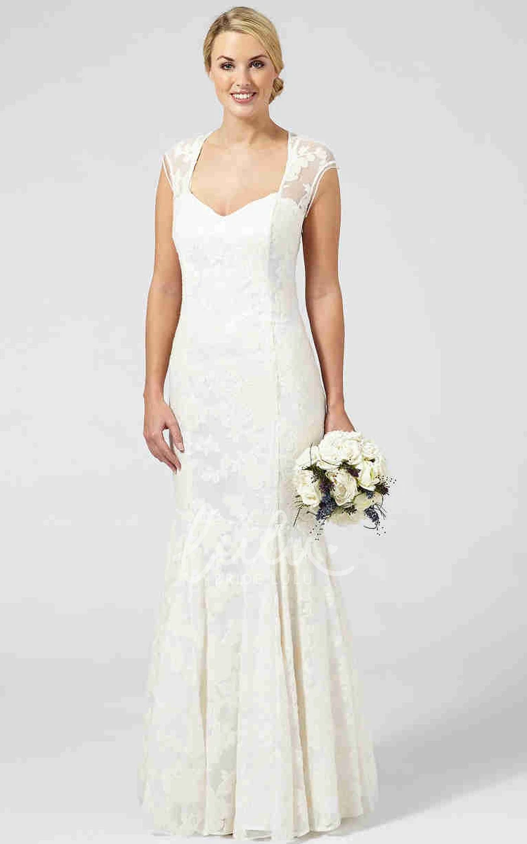 Appliqued Cap-Sleeve Sheath Wedding Dress Elegant Bridal Gown