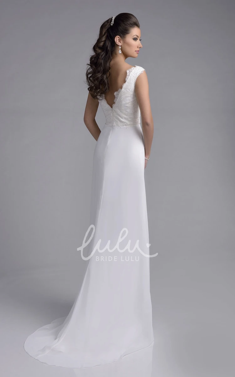 V-Neck Cap Sleeve A-Line Wedding Dress with Lace and Chiffon