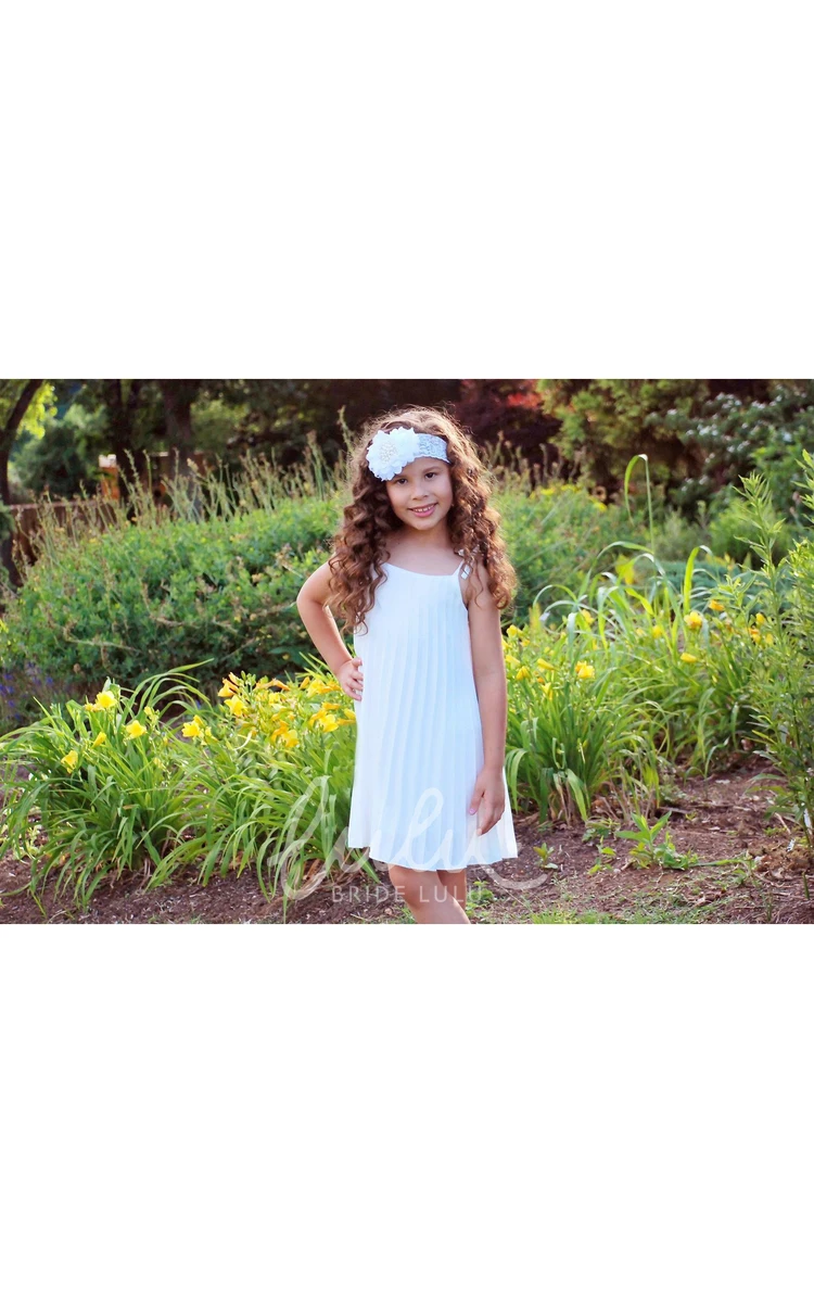 Cute Sweet Spaghetti Strap White Pleated Chiffon Girls Dress Elegant Adorable Knee-Length Pleats Midi Flower Girl Dress