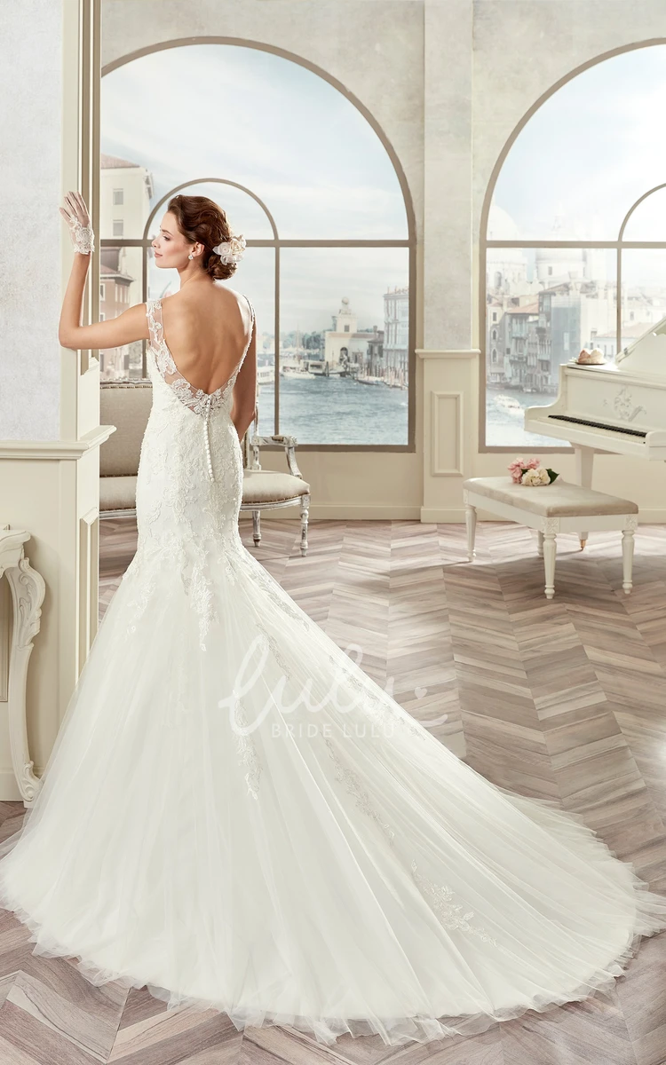 Illusive Cap Sleeve Mermaid Wedding Dress with Open Back