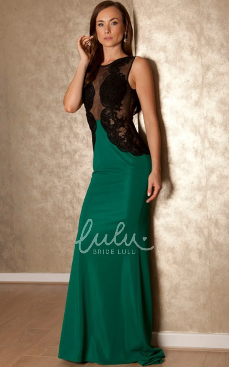 Sleeveless Sheath Prom Dress with Keyhole Back Floor-Length Bateau Lace Jersey Sweep Train