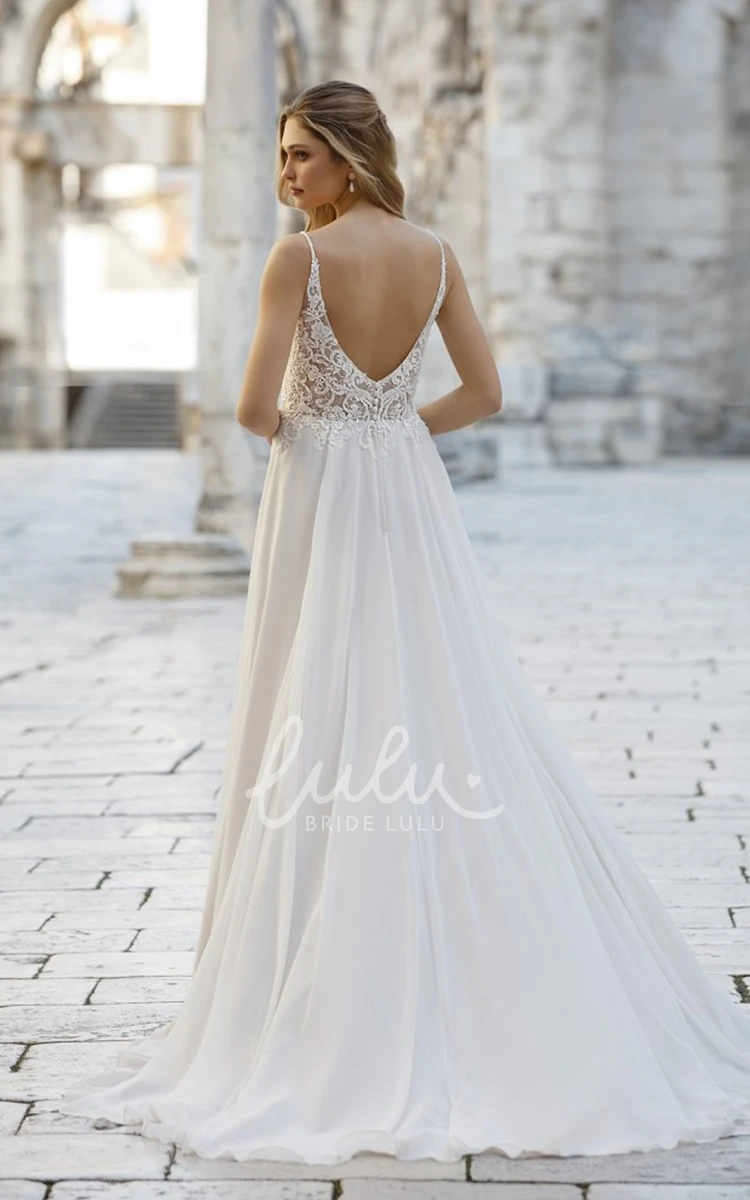 Plunging Neckline A-Line Lace Elegant Pleats Bride Dress with Deep-V Back