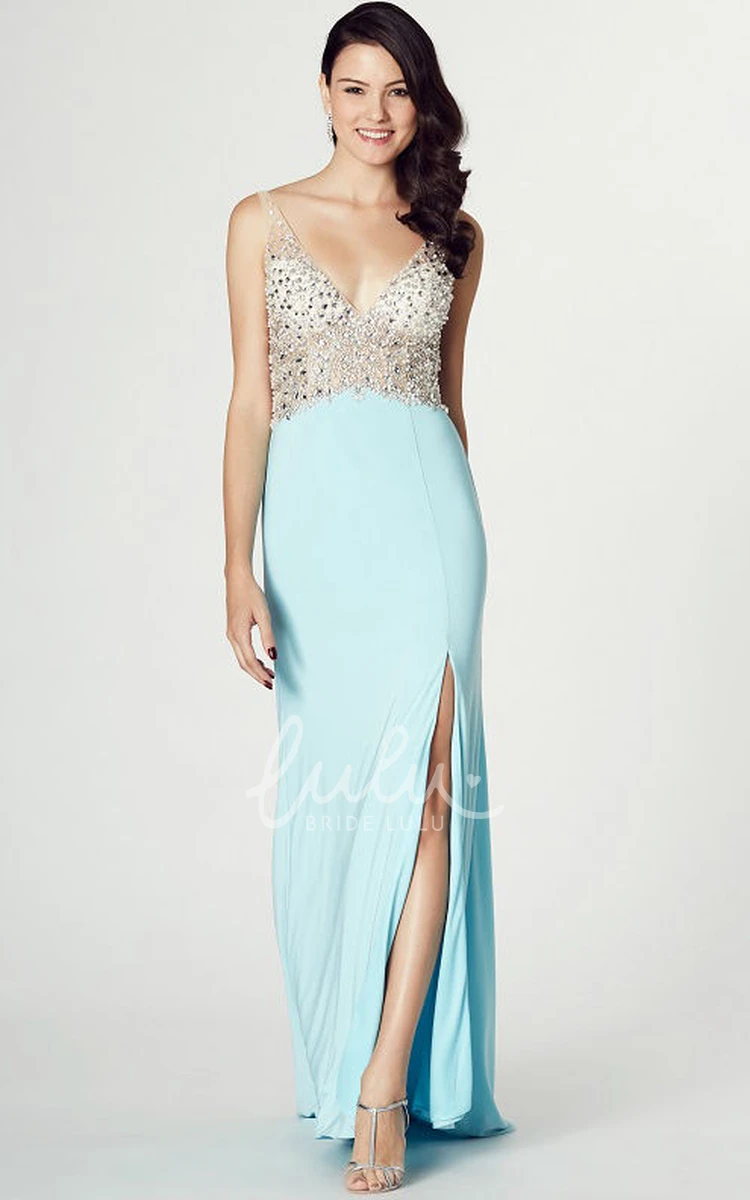 Floor-Length Beaded V-Neck Sleeveless Prom Dress Classy Evening Gown