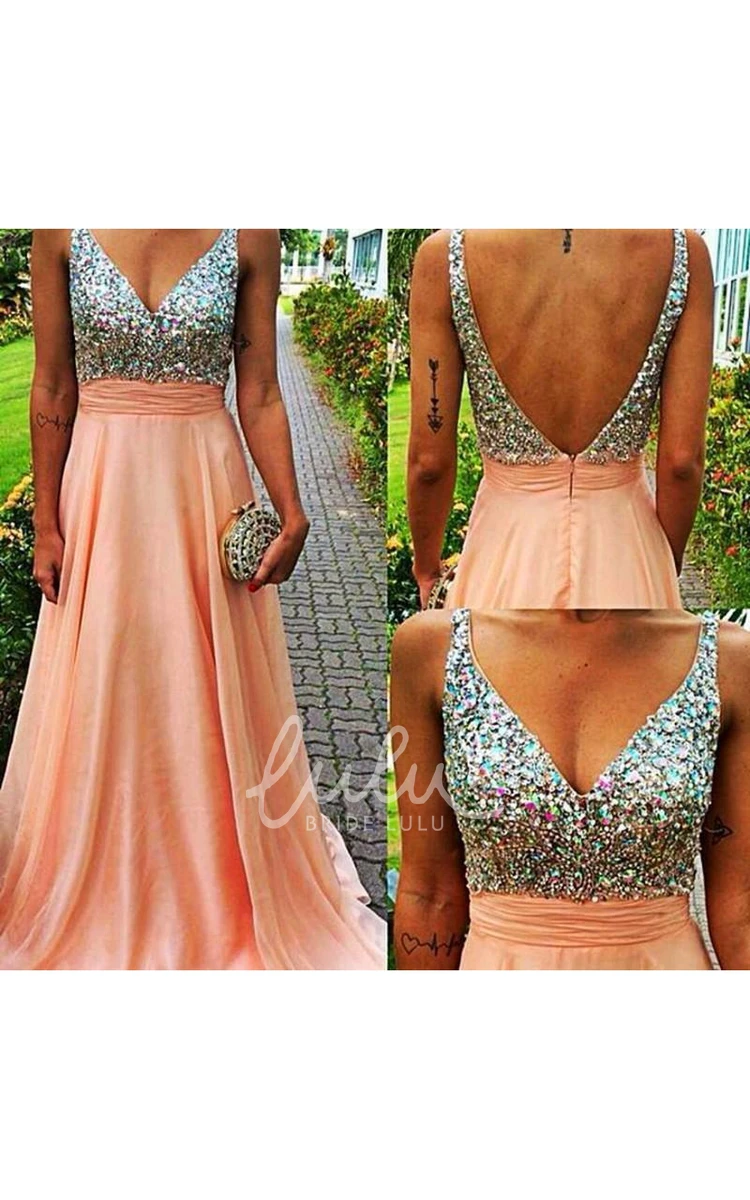 Chiffon Prom Dress with Crystals Glamorous V-neck Sleeveless